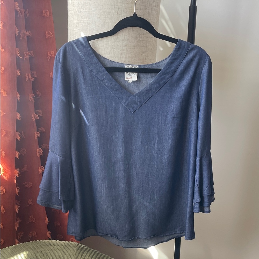 Knox Rose Denim Blue V-Neck Blouse with Ruffle Sleeves